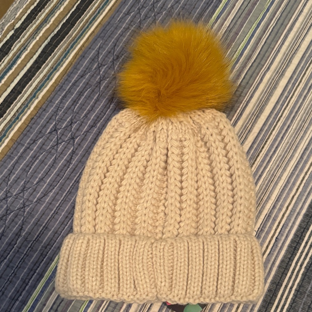 Anthropologie Beige Knit Beanie with Mustard Pom-Pom